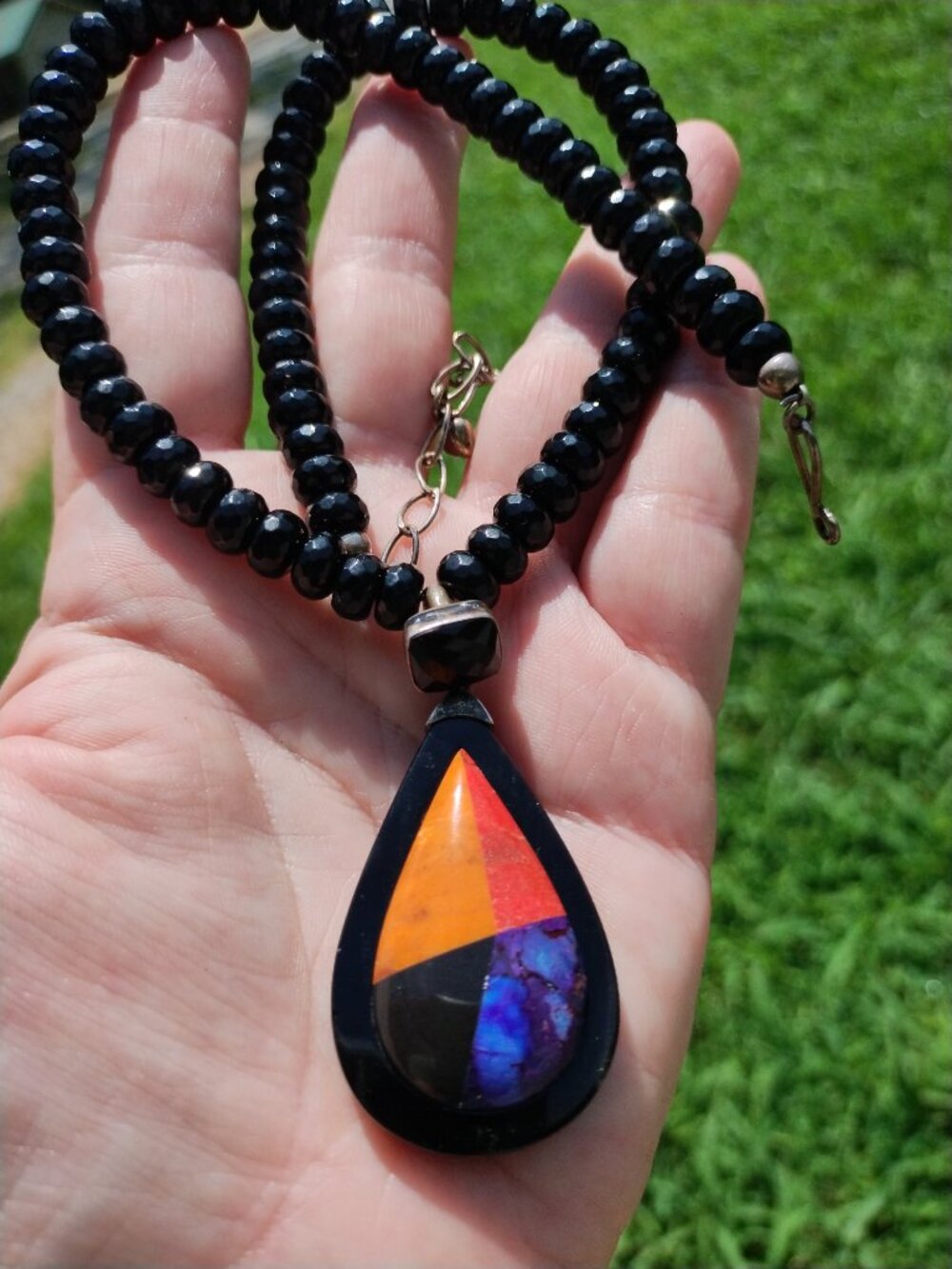 Jay King DTR black agate necklace Lapis coral inlay pendant 925 Sterling Silver